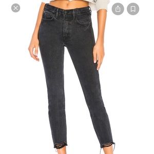 GRLFRND brand Karolina high-rise black jean with a chewed hem. Size 25